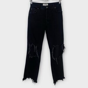 We The Free Black Mid-Rise Maggie Straight Leg Fray Hem Distressed Jeans Size 24